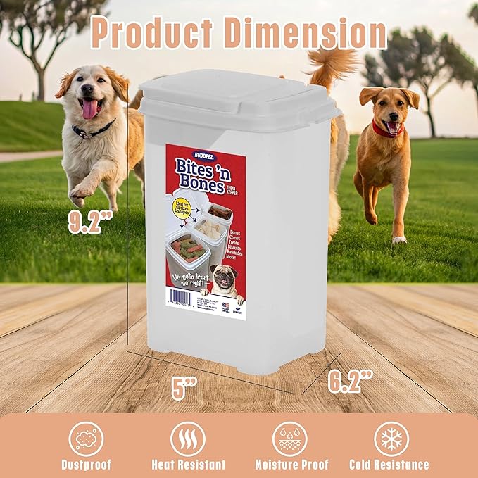 Buddeez Pet Treat Container for Dogs and Cats - 3.5 Quart Flip Top Storage Bin - Bites And Bones Design - Airtight Food Holder-NeatNest
