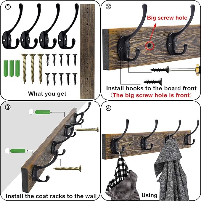 IBosins Wall Mounted Coat Rack, 2 Pack Metal Wood Coat Rack with 8 Black Rustic Hooks for Scarf, Bag, Towel, Key, Cap, Cup, Hat-NeatNest