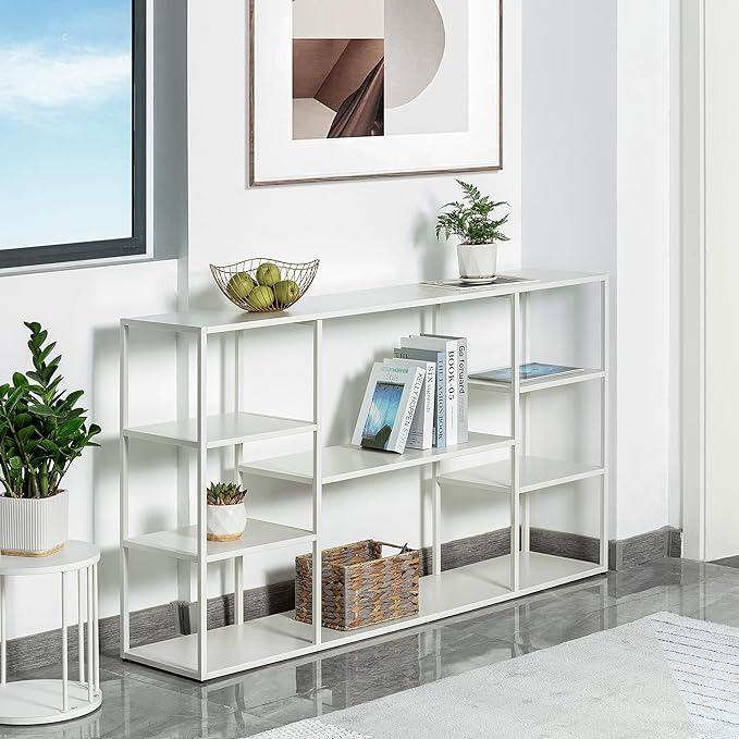 55 Inch Metal Console Table with 8 Storage Shelves,Extra Long Entryway Table,Narrow Sofa Table,Hallway Table for Entrances to Corridor, Foyer,Living Room (White, 55.12×11.81×31.5in)-NeatNest