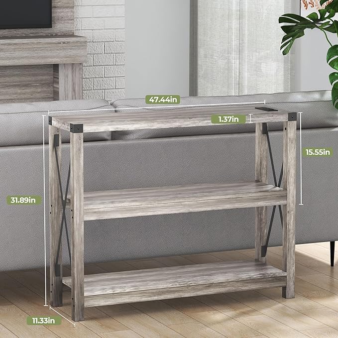 47.2" Entryway Table with Outlets and USB Ports, Console Table with 3-Tier Open Storage Shelves, Wooden Sofa Table with Metal X-Shaped Design for Living Room/Couch/Hallway/Foyer (Wash Gray)-NeatNest