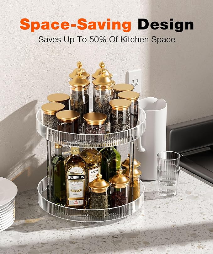360° Clear Rotating Storage Tray, 2 Tier Lazy Susan Bathroom Countertop Organizer, Cosmetics and Perfume Organizer, Spinning Storage Tray Vanity Organizer Shelf for Bathroom Cabinet, Kitchen(Medium)-NeatNest