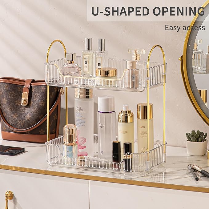 2 Tier Bathroom Organizer Countertop Makeup Perfume Tray Skincare Organizer for Bathroom Dresser Vanity (White)-NeatNest