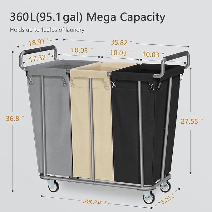 Large laundry hamper with Wheels, 360L 3 Bag Big Rolling Laundry Hamper Sorter Cart, Extra Large Laundry Clothes Hamper, Heavy Duty Laundry Basket Organizer for Laundry Room,Bathroom