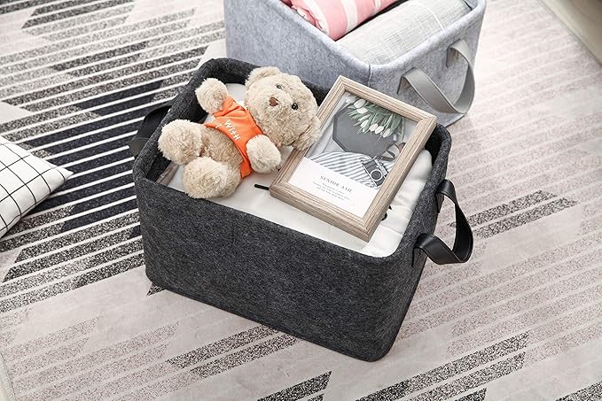 Collapsible Storage Bins Foldable Felt Fabric Storage Basket Organizer Boxes Containers with Handles PU Handles for Nursery Toys,Kids Room,Clothes,Towels,Magazine (PU-Dark grey, 15.9L×11W×9.8H)-NeatNest