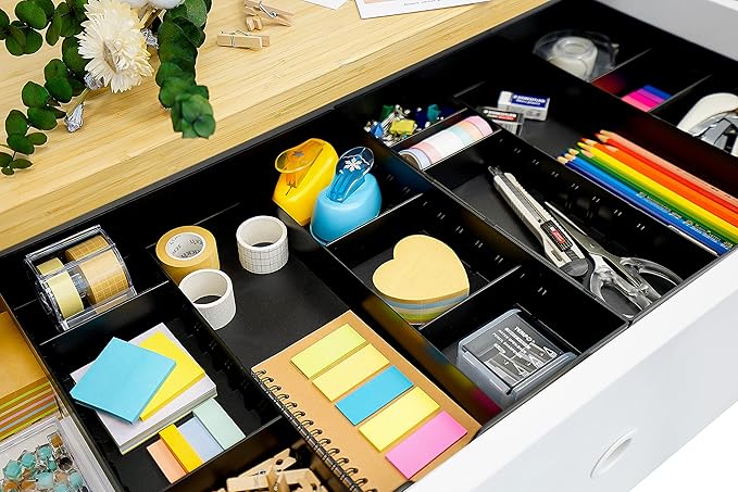 CAXXA 3 Slot Drawer Organizer with 4 Adjustable Dividers - Junk Drawer Storage for Makeup & Vanity, Office Desk Supplies and Accessories (BLACK, 1 PACK)-NeatNest