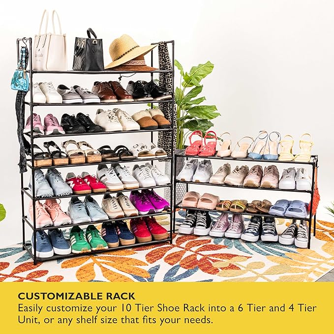 Sundaze Shoe Rack - 10 Tier Shoe Rack for Front Door Entrance, Sturdy Tall Shoe Organizer for Closet, Bedroom, Entryway, Garage, Non Woven Fabric Shelf, Black, Holds Up to 50 Pairs-NeatNest