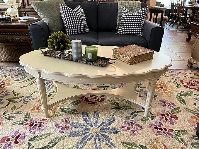 KEVINSPACE 50" Oval Coffee Table for Living Room, 2-Tier Solid Wood Victorian Antique Ellipse Center Table with Storage Shelf, Traditional Elegant Vintage Style White