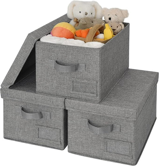 GRANNY SAYS Fabric Bins with Lids, Storage Baskets for Closet Organization, Decorative Storage Containers with Label Holder, Shelf Bins for Organizing Clothes, Dark Gray, 3-Pack-NeatNest