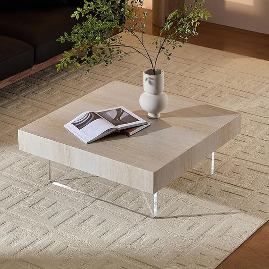 KEVINSPACE Modern Square Coffee Table, 34.65-Inch x 34.65-Inch x 13.78-Inch Beige Wood Top with Acrylic Legs for Living Room, Apartment, and Office