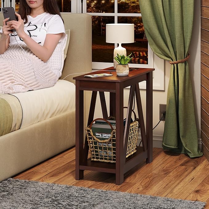 WLIVE End Tables Living Room Set of 2 with Charging Station, Sofa Side Tables with Open Storage Shelf, Slim Farmhouse End Table Sets, Espresso