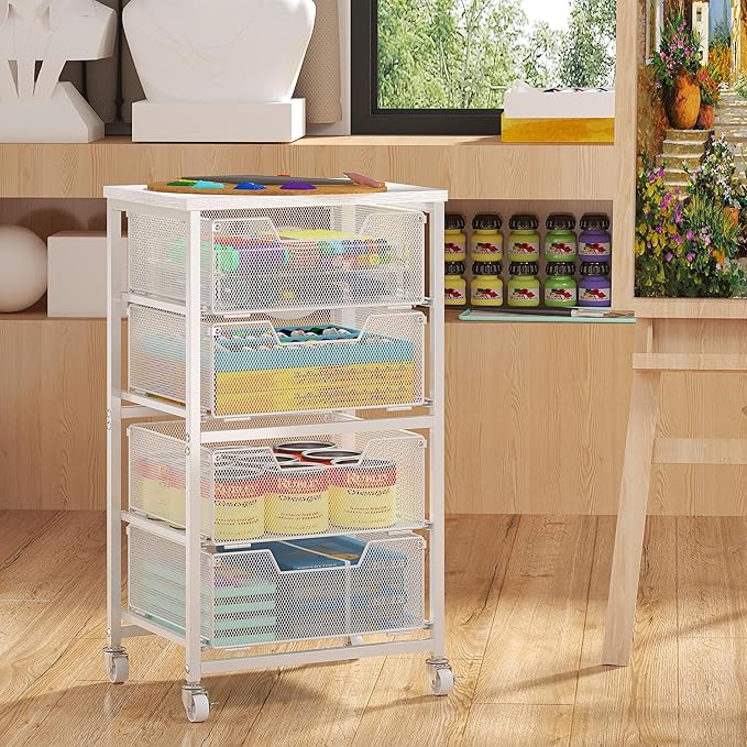 4-Drawer Rolling Storage Cart, Utility Cart with Drawers, White Metal Craft Cart Organizer with Wheels & Wooden Top, Art Supply Storage Organizer for Classroom, Office, Kitchen
