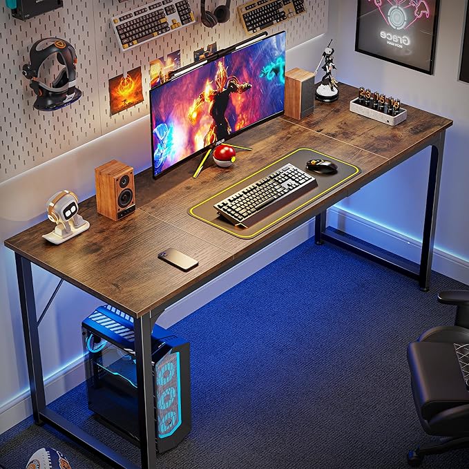 Huuger Computer Desk, 63 Inch Office Desk, Gaming Desk with Storage, Writing Desk Work Desk for Home Office, Study, Modern Simple Desk, Large Legroom, Metal Frame, Rustic Brown-NeatNest