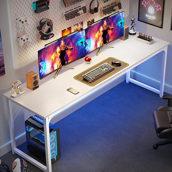 Huuger Computer Desk, 80 Inch Office Desk, Gaming Desk with Storage, Writing Desk Work Desk for Home Office, Study, Long Simple Desk, Large Legroom, Metal Frame, White-NeatNest