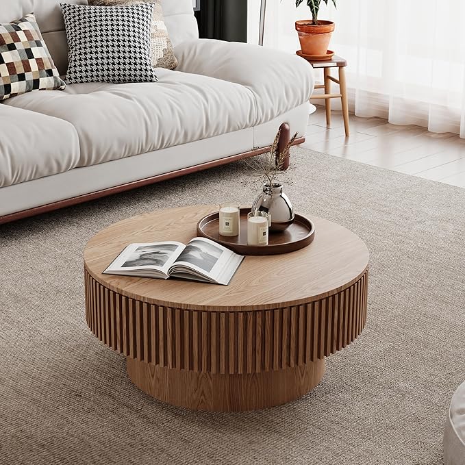kevinplus 31.5'' Round Coffee Table with Storage Space, Modern Wood Circle Fluted Drum Pedestal Coffee Table for Living Room, Easy Assembly, Oak (ø31.49'' x 14'')