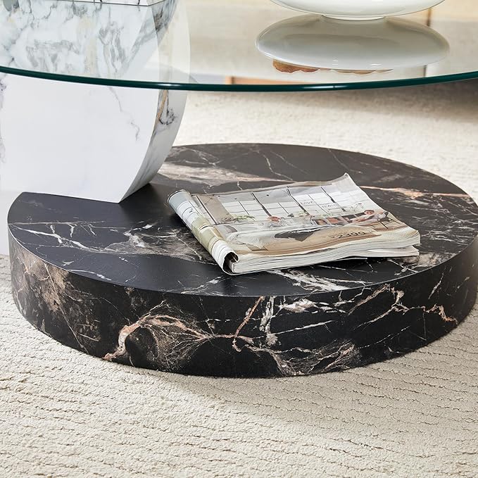 Glass Coffee Tables Round Coffee Tables for Living Room Modern 3 Tier Round Table Circle Coffee Table for Small Space Home Office (35.4 Inch White+Black)