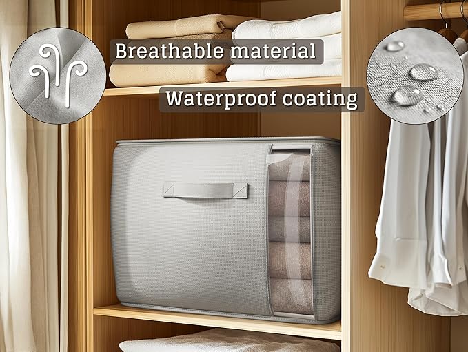 Vailando Large Canvas Comforter Storage Bags Closet Organizer for Clothes Sweater Clothes Organizer with Dual Zipper Three Carrying Handles for Blanket Closet Storage Container, 6 Pack, Grey-NeatNest