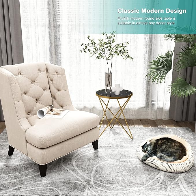HLR Modern Round Side Table Set of 2, End Table with Marble Effect Top and Gold Metal Frame, Small Side Table for Living Room, Bedroom, Sofa and Couch, Gold Legs, Black Marble top