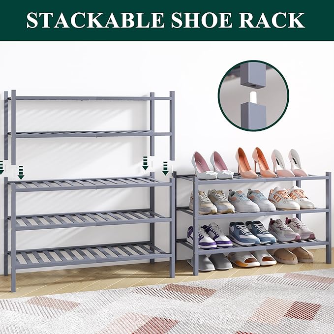 Smiry Bamboo Shoe Rack for Closet, 6 Tier Wooden Stackable Shoe Organizer, Free Standing Shoes Storage Shelf for Entryway, Front Door Entrance, Grey-NeatNest