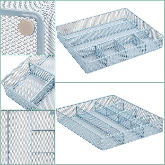 Annova Desk Top Organizer/Storage Tray - Metal Mesh with Dividers for Pens, Desktop Accessories, Bathroom, Kitchen, Makeup and Office Supplies (Large, Morandi Blue)-NeatNest