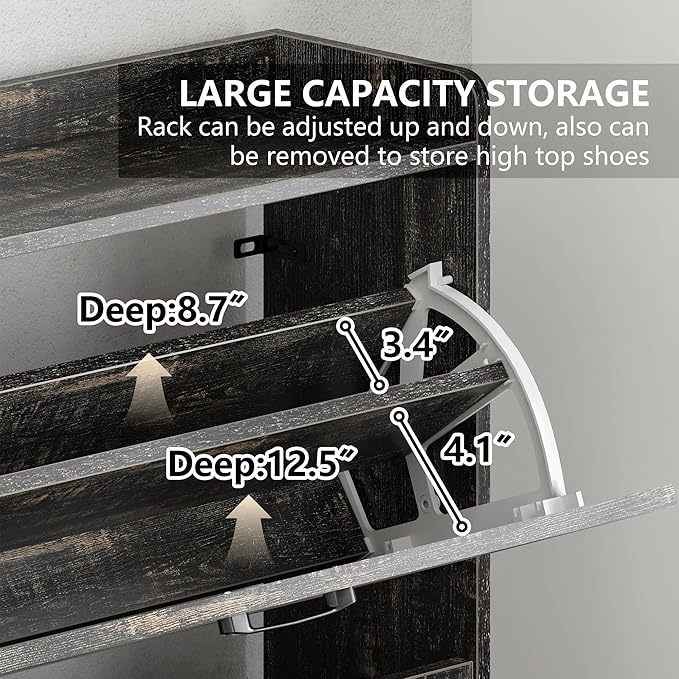Vibe & Dine Farmhouse Shoe Storage Cabinet - Freestanding Narrow Shoe Rack with Metal Legs, Dark Rustic Oak-NeatNest