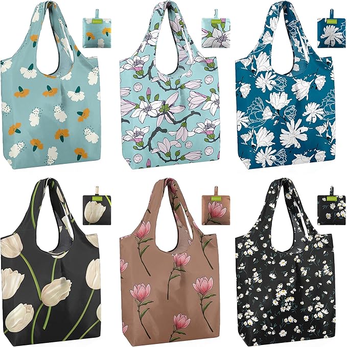 BeeGreen Reusable Grocery Bags 6 Pack, Heavy Duty Totes for Women, Foldable Grocery Bag Large Shopping Totes with Handles for Work, Travel, Gift, Store, Polyester Washable Reusable Tote Bag-NeatNest