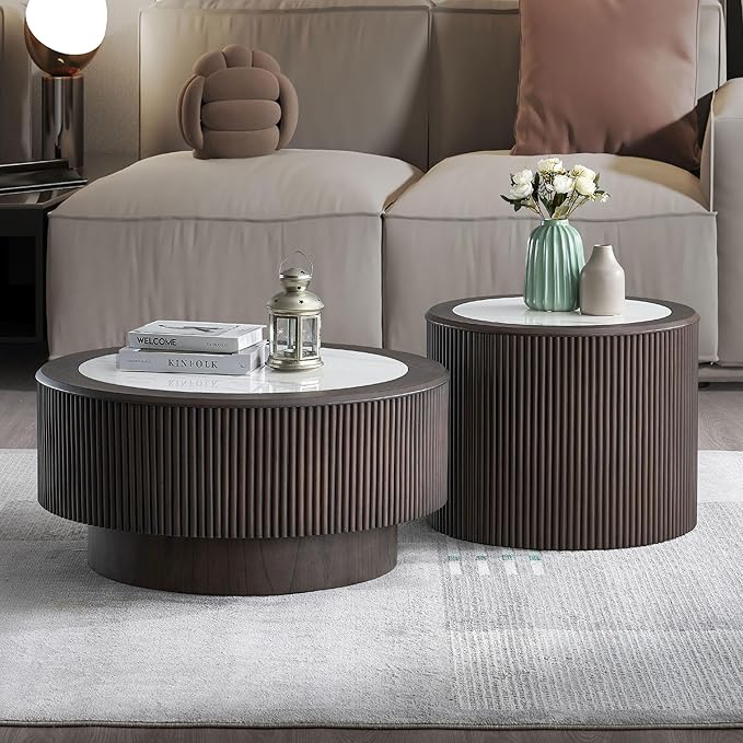 kevinplus ø31.49'' Round Faux Marble Coffee Table & Side End Table Set of 2 for Living Room, Modern Contemporary Circle Drum Embossment Fluted Pedestal Wooden Design, No Assembly (Dark Brown, 2-Pcs)