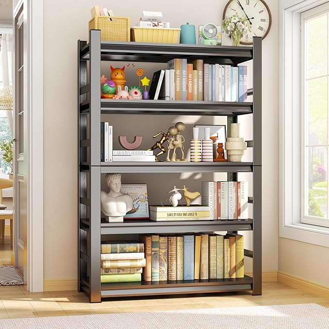 Book Shelf 5 Tier Metal Wide Bookshelves Tall Bookshelf Industrial Bookcase Adjustable Book Shelves For Bedroom/Living Room/Library,Book Shelf Organizer Black (With fence-72"H*15.8"D*35.4"W)-NeatNest