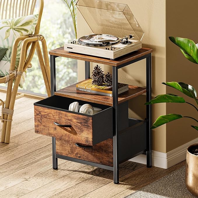 Huuger Night Stand with 2 Drawers, Bed Side Table with Open Shelf, Wooden Top, Nightstand for Bedroom, End Table for Small Space, Fabric Drawer, Rustic Brown