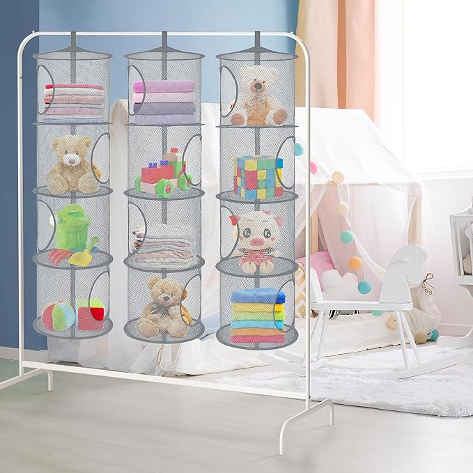 3Pcs Hanging Mesh Space Saver Bags Organizer, Foldable Storage Organizer 4 Compartments Toy Storage Organizer for Kid Room Toys, Gloves,Hats,Socks Storage (Grey)-NeatNest