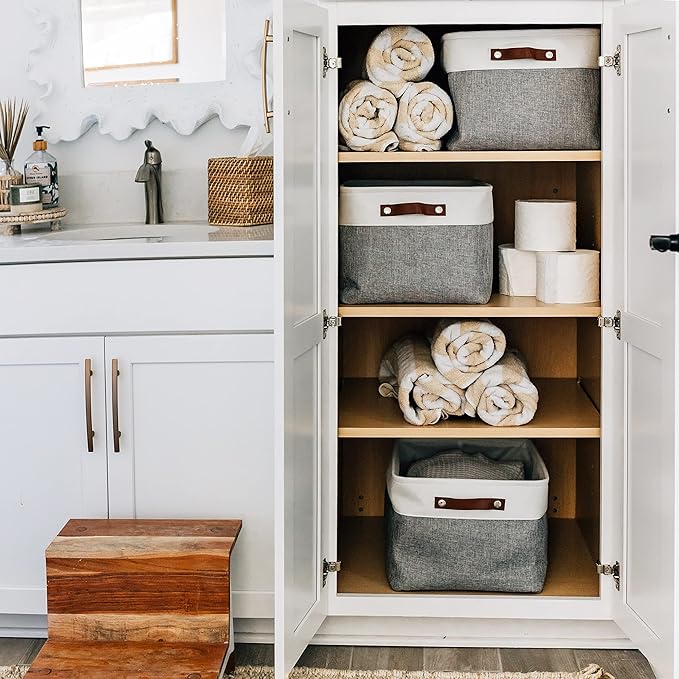 OrganiHaus Extra Large Fabric Storage Baskets for Shelves 3 Pack | 16x13in Closet Storage Bins for Shelves | Cloth Baskets for Organizing | Linen Closet Organizers | Fabric Storage Bin - Gray/White-NeatNest