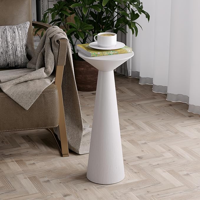 Farmhouse Tall Pedestal End Table Small Solid Wood Martini Table Plant Stand Modern Round Drink Table for Small Space Living Room, White