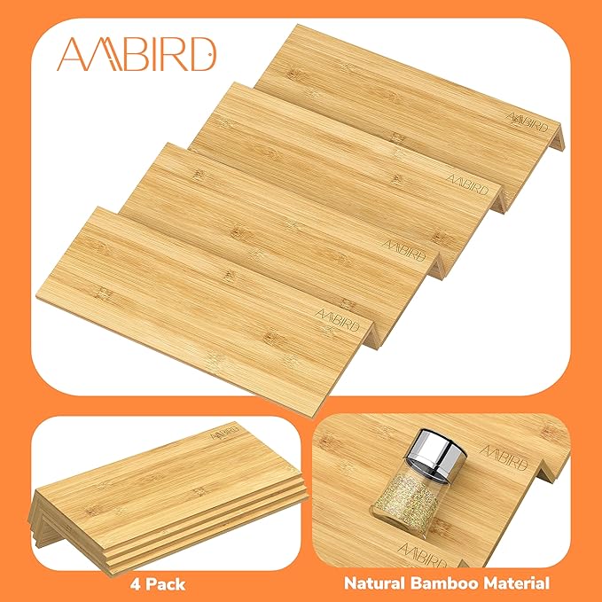 AMBIRD Bamboo Spice Drawer Organizer with Non-slip Mat, 4 Tier Jar Spice Rack Tray 13'',Seasoning Organizer for Kitchen,Cabinet,Drawers,Countertop-NeatNest