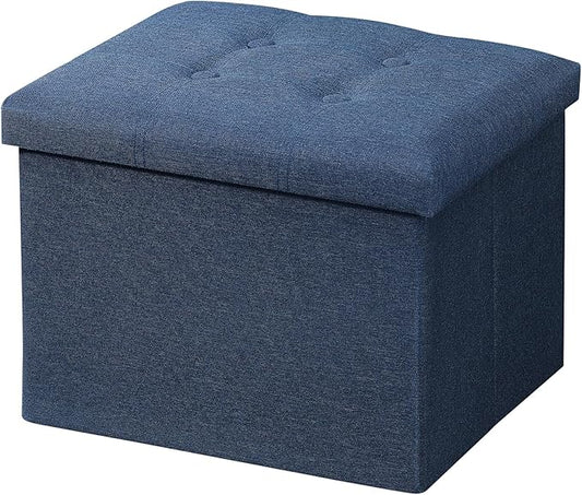 AmasSmile Storage Ottoman Folding Foot Rest Stool, 17 inch Linen Footstool Bench, Short Ottoman Bench, Storage Foot Rest Store, Books, Light Blue