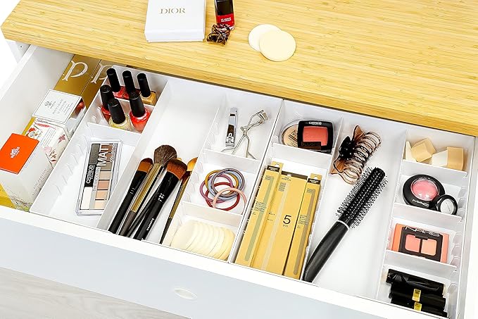 CAXXA 3 Slot Drawer Organizer with 4 Adjustable Dividers - Junk Drawer Storage for Makeup & Vanity, Office Desk Supplies and Accessories (WHITE, 1 PACK)-NeatNest