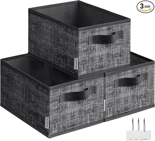 SONGMICS Storage Baskets, Set of 3 Fabric Storage Bins, 11.8 x 7.9 x 5.9 Inches, Foldable Closet Organizer for Shelves, 2 Handles, Label Holders, for Bedroom, Living Room, Ink Black UROB415B01