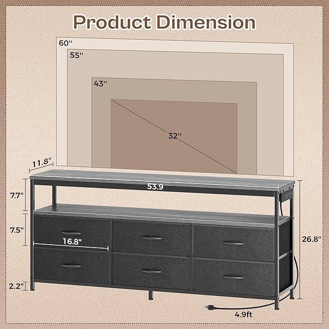 Huuger LED TV Stand for Bedroom, 55 Inch Fabric Dresser with Power Outlets, Entertainment Center for 60, 55, 50 Inch TV, 6 Drawer Dresser for Bedroom, Chest of Drawers with Shlef, PU Leather, Grey-NeatNest