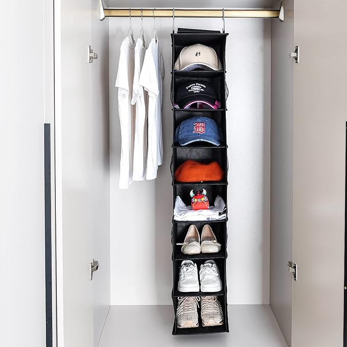 Hanging Shoe Organizer for Closet with Side Mesh Pockets，Hat Racks for Baseball Caps，Shoe and Hat Holder & Storage，8-Shelf，Black，2 Pack-NeatNest