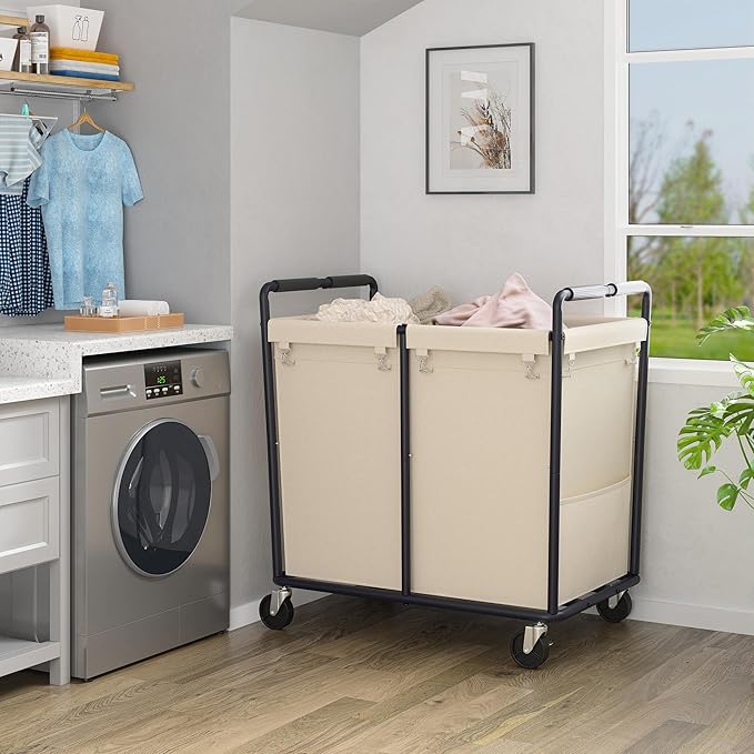 Laundry Basket with Wheels Large Rolling Hamper 300L Heavy Duty Laundry Cart with Handle Durable Clothes Hamper with Steel Frame for Laundry Bedroom, Cream White
