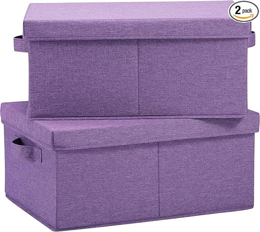HOONEX Foldable Storage Bins with Lids, Pack of 2, Storage Boxes with 2 Carrying Handles and Sturdy Heavy Cardboard, 16.5" L x 11.8" W x 7.5" H for Shoes, Books, Clothes, Purple-NeatNest