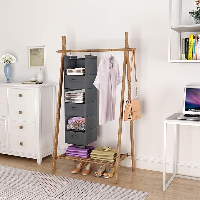 MAX Houser 6 Tier Shelf Hanging Closet Organizer, Closet Hanging Shelf with 2 Sturdy Hooks for Storage, Foldable (Grey-D3)-NeatNest
