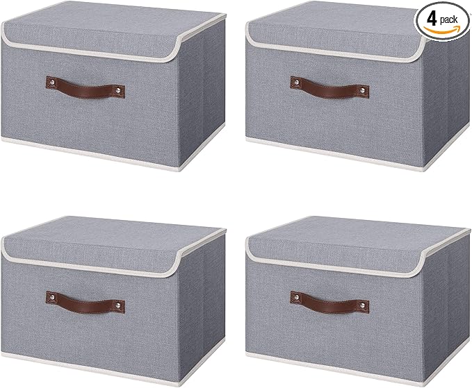 ANMINY 4PCS Storage Bins with Lid PU Leather Handles Storage Boxes PP Plastic Board Decorative Foldable Lidded Cotton Linen Fabric Home Cubes Baskets Closet Organizer Containers - Gray, Large Size-NeatNest