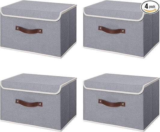 ANMINY 4PCS Storage Bins with Lid PU Leather Handles Storage Boxes PP Plastic Board Decorative Foldable Lidded Cotton Linen Fabric Home Cubes Baskets Closet Organizer Containers - Gray, Large Size-NeatNest