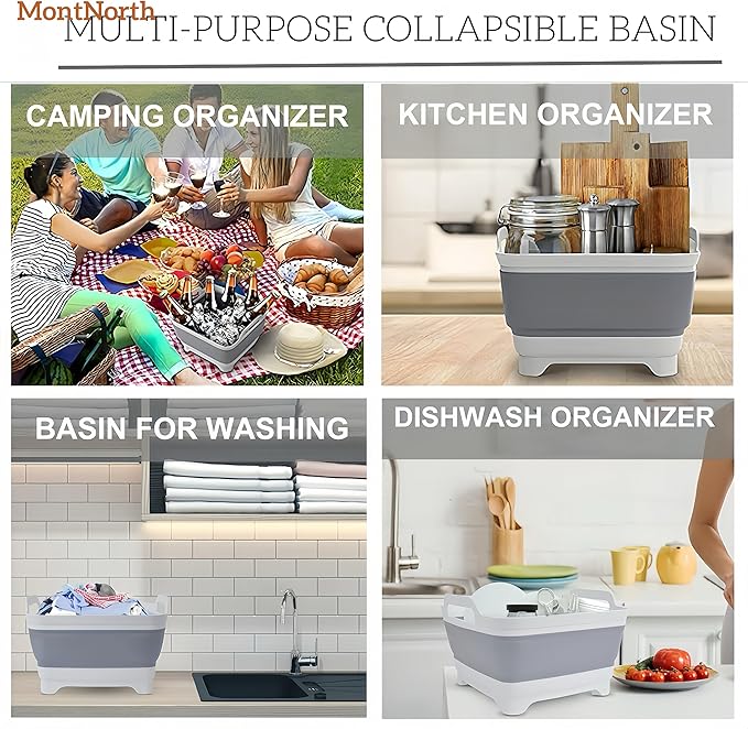Collapsible Wash Basin 9L, Foldable Dish Tub with Drain Plug, Portable Collapsible Dish Basin, Camping Sink for Washing Dishes, Laundry & Kitchen Use,Gray-NeatNest