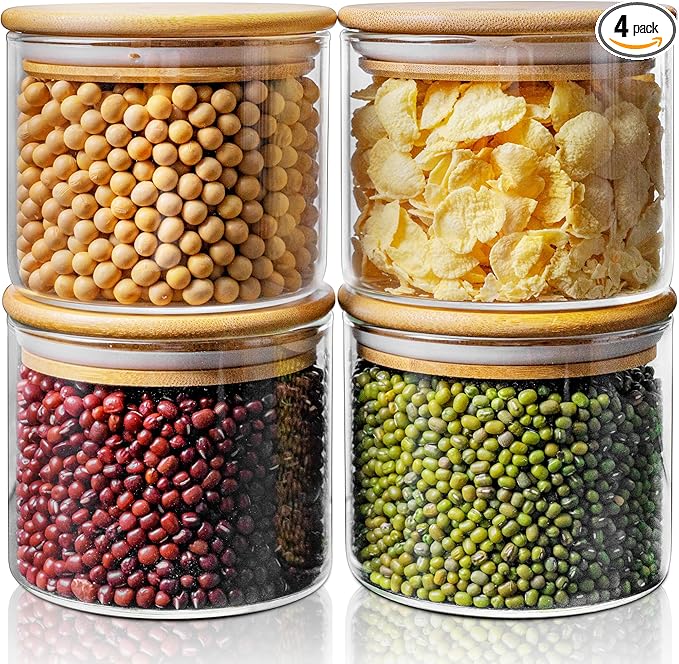 17oz - 4 Pack Glass Jars with Bamboo Lids, Glass Food Storage Containers with Airtight Lids, Air Tight Pantry Storage Containers for Coffee, Sugar, Spice, Meal Prep Jars for Salad & Fruit-NeatNest