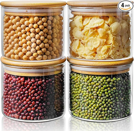 17oz - 4 Pack Glass Jars with Bamboo Lids, Glass Food Storage Containers with Airtight Lids, Air Tight Pantry Storage Containers for Coffee, Sugar, Spice, Meal Prep Jars for Salad & Fruit-NeatNest