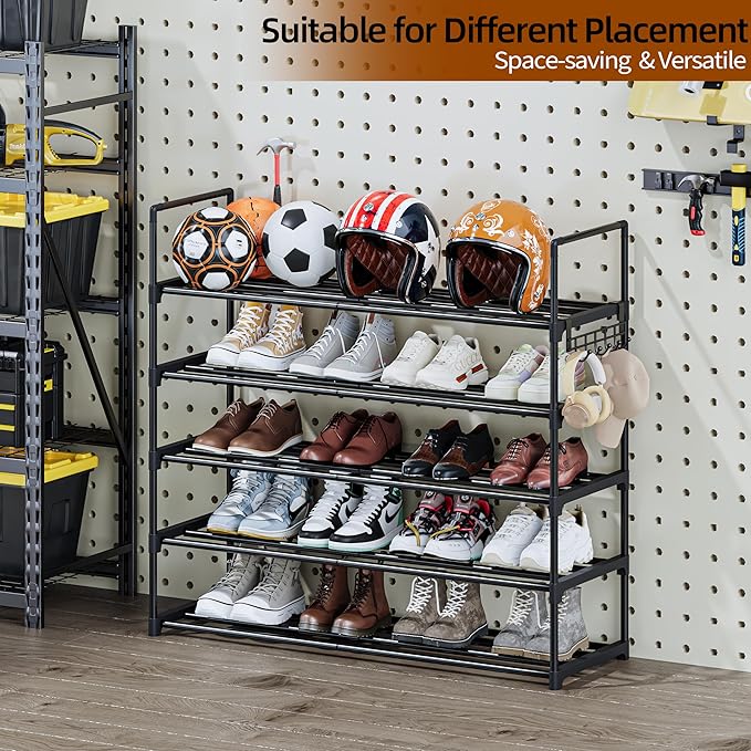 Metal Shoe Rack - 5-Tier Shoe Organizer with Adjustable Shelf Height, Sturdy Shoe Storage Shelf, Perfect for Front Door Entrance, Closet & Entryway, Easy to Assemble, DIY Layering Options (L - 5 Tier)-NeatNest
