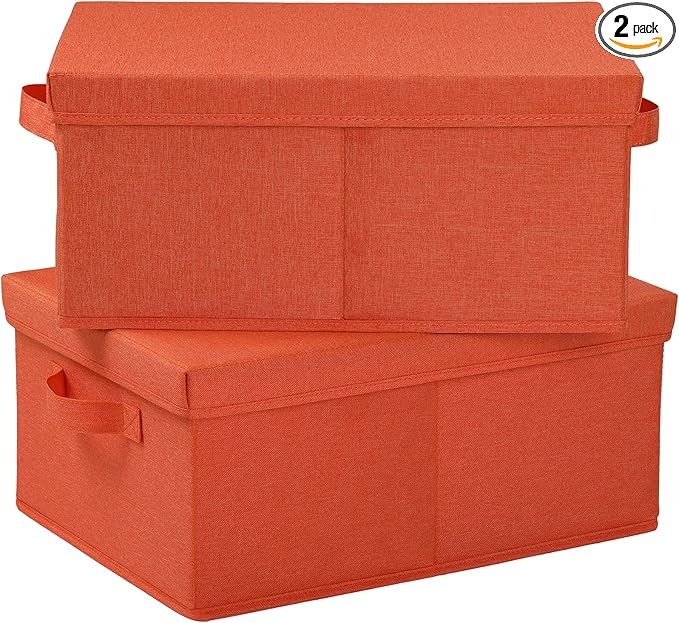 HOONEX Storage Bins with Lids for Organizing, Pack of 2, Storage Boxes with 2 Carrying Handles and Sturdy Heavy Cardboard, 16.5" L x 11.8" W x 7.5" H for Shoes, Books, Clothes, Nursery, Orange-NeatNest