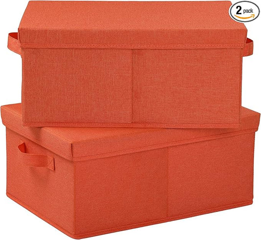 HOONEX Storage Bins with Lids for Organizing, Pack of 2, Storage Boxes with 2 Carrying Handles and Sturdy Heavy Cardboard, 16.5" L x 11.8" W x 7.5" H for Shoes, Books, Clothes, Nursery, Orange-NeatNest