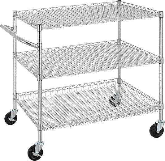 Finnhomy 3 Tier Heavy Duty Commercial Grade Utility Cart, Wire Rolling Cart with Handle Bar, Steel Service Cart with Wheels, Kitchen Carts on Wheels, Metal Cart Shelf Size 24" D x 36" W, NSF, Chrome