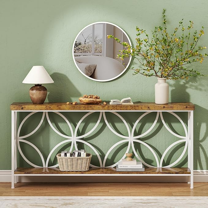 karlott 70.9 inch Extra Long Console Table, Industrial Sofa Table Behind Couch with 2 Tier Storage Shelf, Narrow Long Entryway Table for Living Room, Foyer, Hallway, Office, White-NeatNest